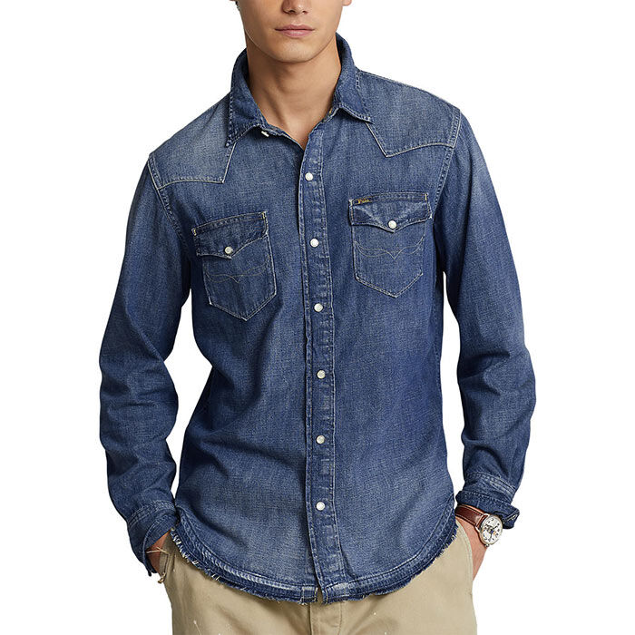 Men's Frayed-Hem Denim Western Shirt, Polo Ralph Lauren