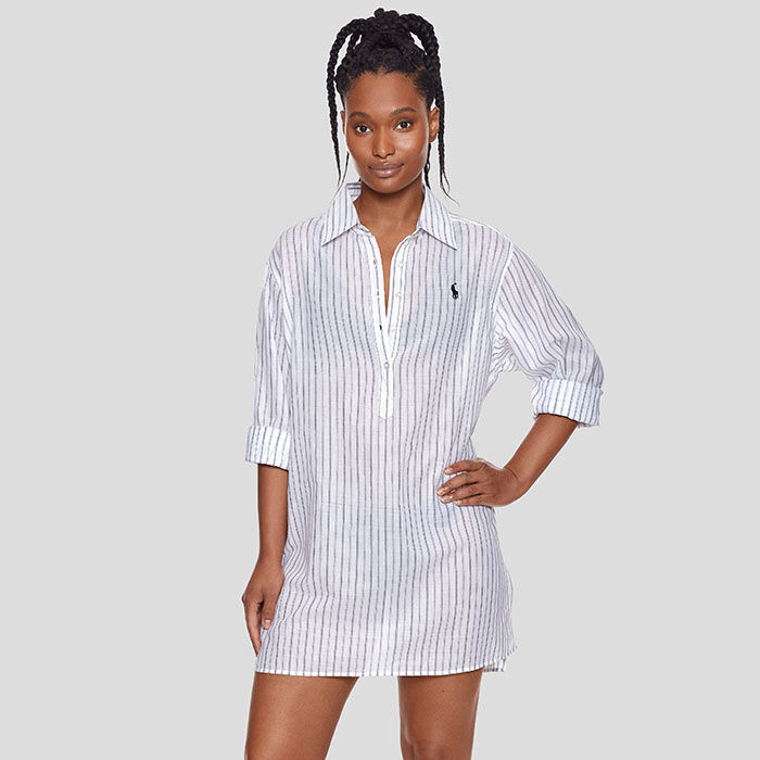 Women's Striped Cotton Long Shirt Cover-Up